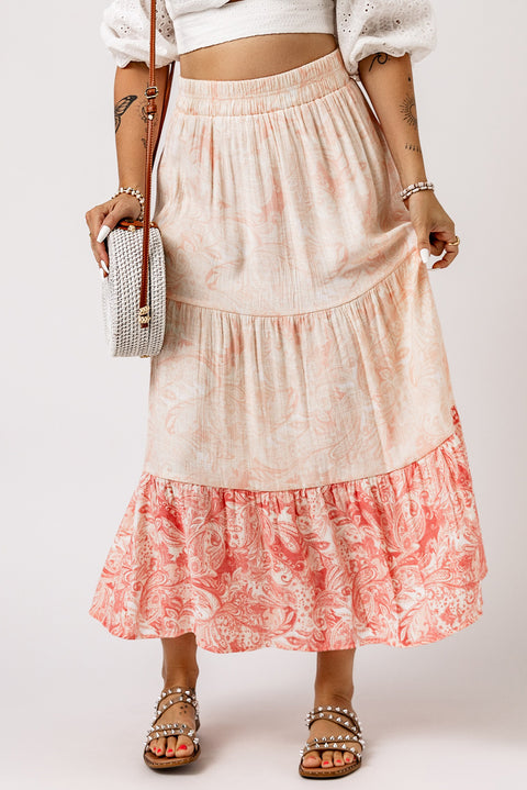 Floral Print Ruffle Hem Tiered Maxi Skirt