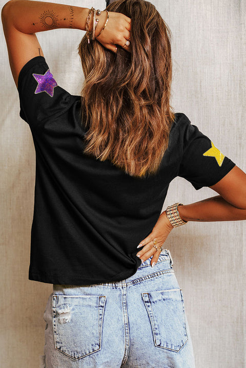 Black Colorful Sequin Stars Patched Relaxed T Shirt