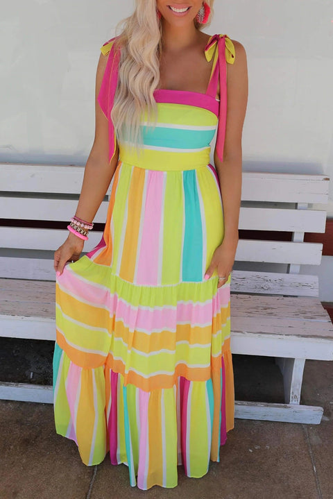 Multicolor Color Block Striped Bow Knot Straps Maxi Dress