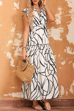 Abstract Vein Print V Neck Ruffle Maxi Dress