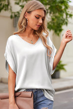 White Solid Color Satin V Neck Batwing Sleeve Blouse