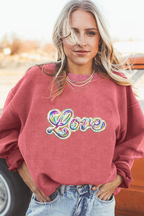 Strawberry Pink Sequin Love Graphic Drop Shoulder Corded Valentines Sweatshirt