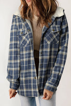 Blue Plaid Pattern Sherpa Lined Hooded Shacket