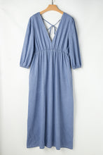 Myosotis Chambray Deep V Neck Bracelet Sleeve Maxi Dress