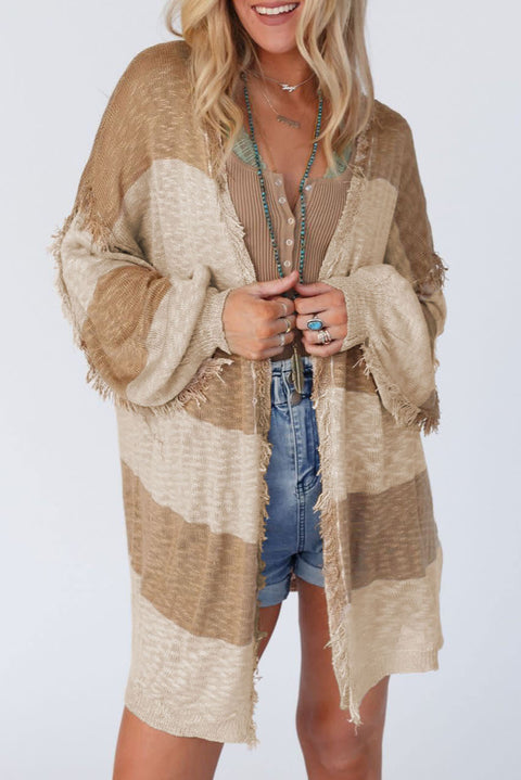 Khaki Stripe Lantern Sleeve Fringed Open Cardigan