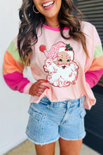 Pink Christmas Santa Claus Graphic Colorblock Patchwork Top