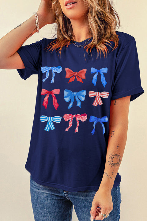 Blue Diverse Bowknot Print Independent Day Graphic Tee