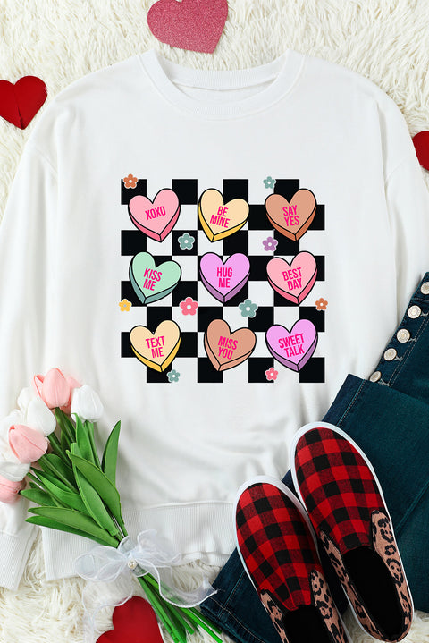 White Checkered Valentines Letter Heart Pattern Sweatshirt