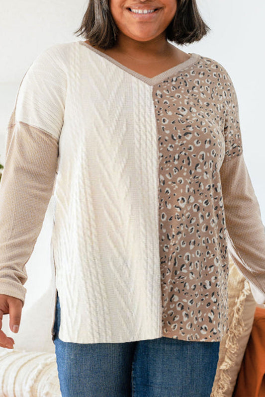 Gray Plus Size Leopard Patchwork Mix Knit Long Sleeve Top