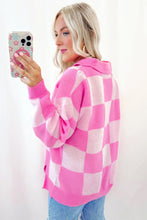 Pink Checkerboard Half Button Collared Drop Shoulder Sweater