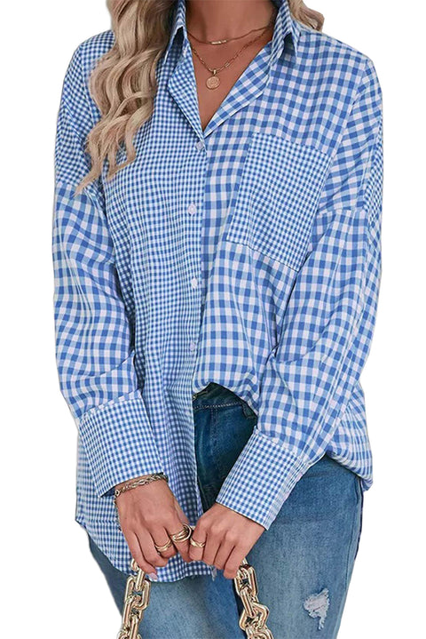 Sky Blue Stripe Plaid Patchwork Button up Long Sleeve Shirt