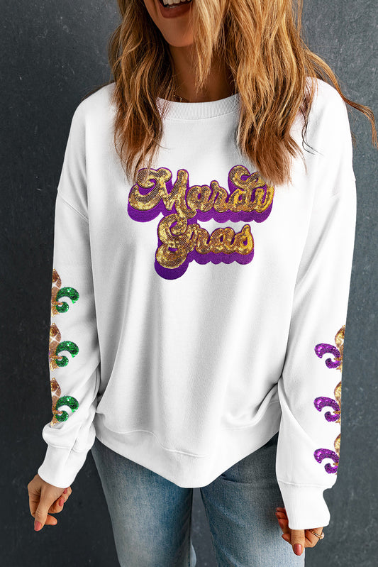 Beige Sequin Mardi Gras Patched Pattern Fleur de Lis Sleeve Sweatshirt