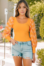 Yellow Flower Puff Sleeve Ribbed Knit Top