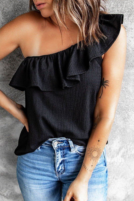 Ruffle One Shoulder Crinkle Tank