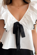 White Contrast Bow Ruffle Trim V Neck Blouse