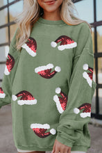 Grass Green Sequined Christmas Hat Graphic Winter Corded Sweatshirt