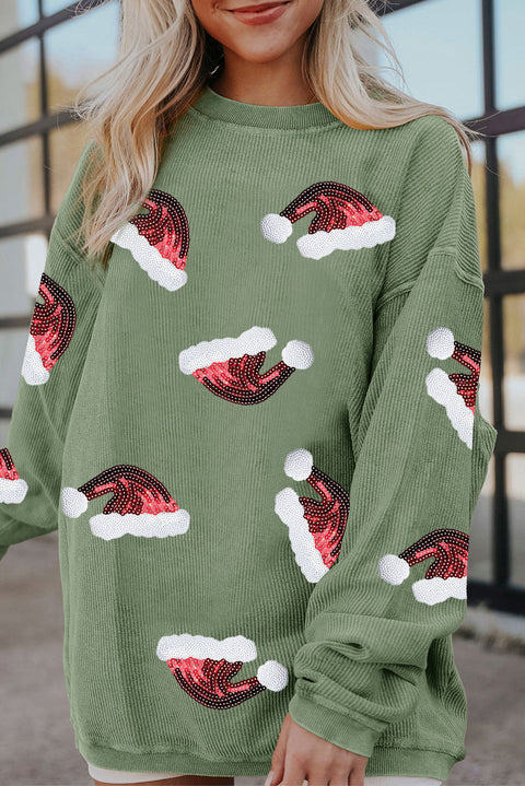 Grass Green Sequined Christmas Hat Graphic Winter Corded Sweatshirt