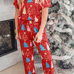 Red Christmas Tree Print V Neck Tee and Pants Lounge Set