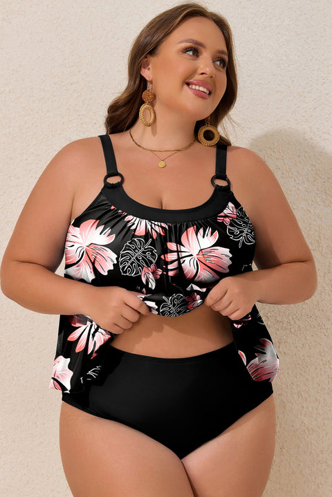 Black 2pcs Plus Size Wide Strap Floral Top Tankini Set