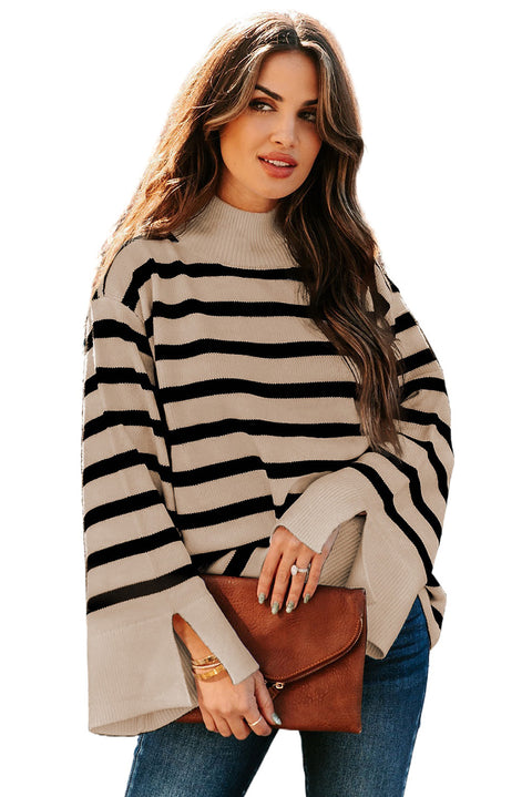 Khaki Striped Mock Neck Bell Sleeve Knit Sweater