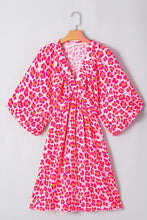 Pink Leopard Print Elasticated V Neck 3/4 Puff Sleeve Dress