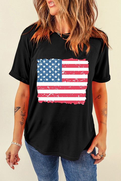 Black Frayed American Flag Printed Crewneck T Shirt