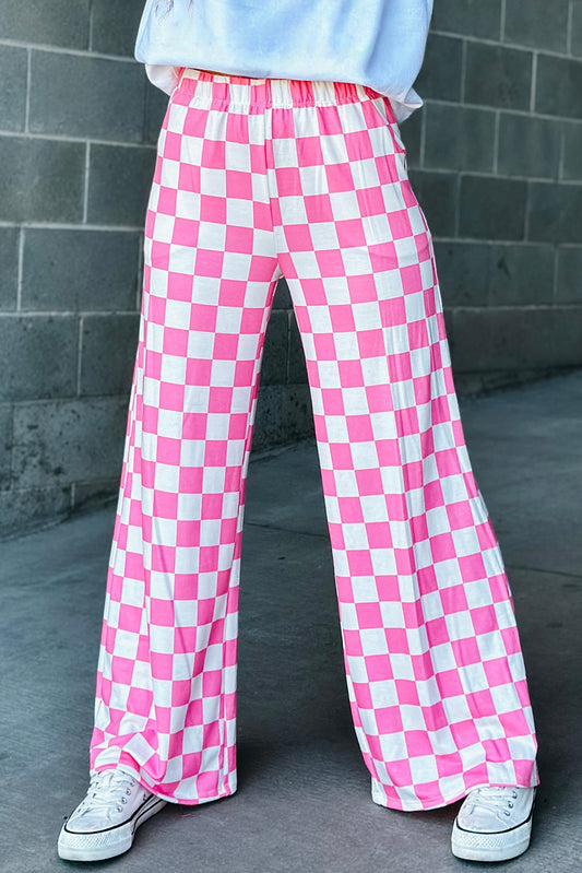 Bonbon 2-Tone Checked Print High Waist Wide Leg Pants