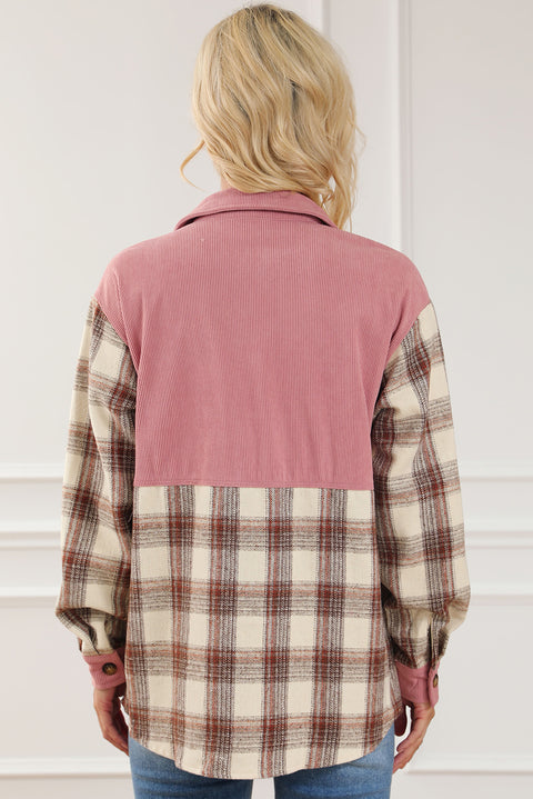 Plaid Corded Patchwork Flap Pocket Shacket