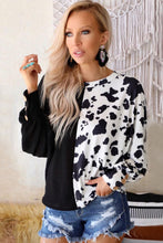 Cow Patchwork Waffle Knit Long Sleeve Top