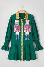 Evergreen Christmas Sequin Nutcracker Collared Shirt Ruffled Long Sleeve Mini Dress