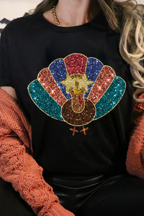 Black Glitter Turkey Graphic Thanksgiving T Shirt