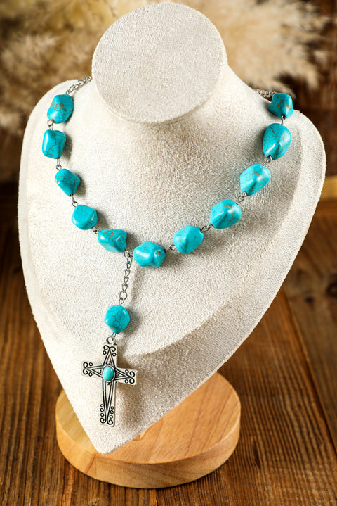 Peacock Blue Turquoise Cross Pendant Necklace