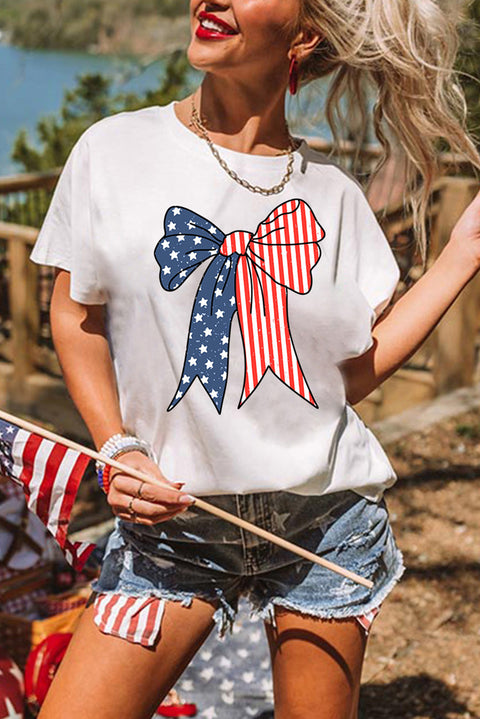 White American Flag Bow Knot Print Slim Fit Crewneck Tee