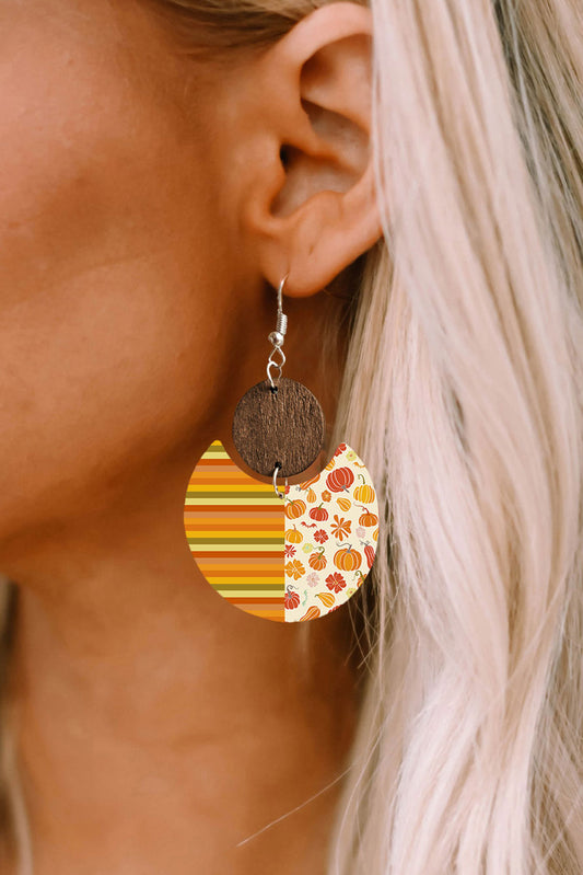 Multicolor Rainbow Stripe Pattern Notch Round Wooden Pendant Earrings