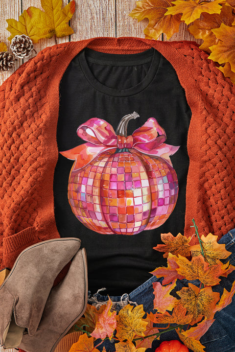 Black Bow Pumpkin Graphic Crewneck Thanksgiving T Shirt