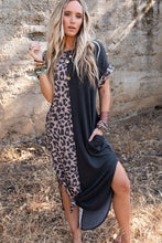 Contrast Solid Leopard Short Sleeve T-shirt Dress with Slits