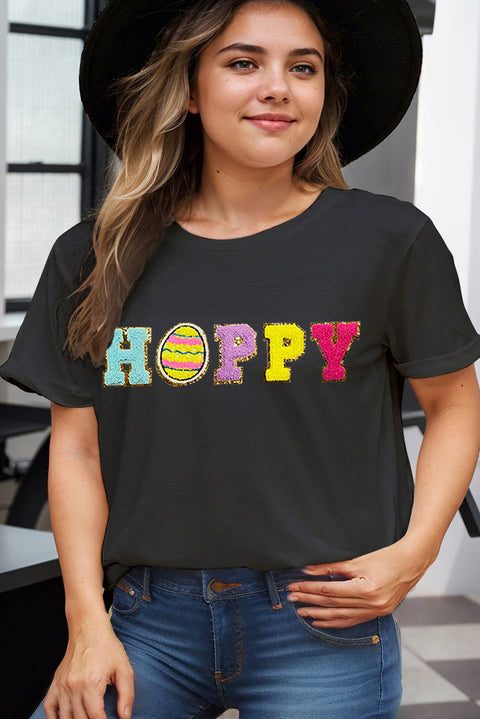 Black Plus HOPPY Chenille Embroidered Easter Fashion Tee