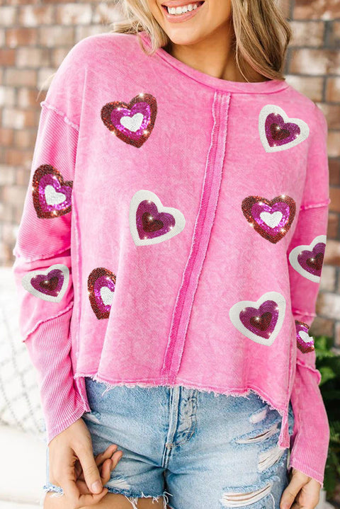 Rose Sequin Heart Shaped Exposed Seam Pullover Sweatshirt