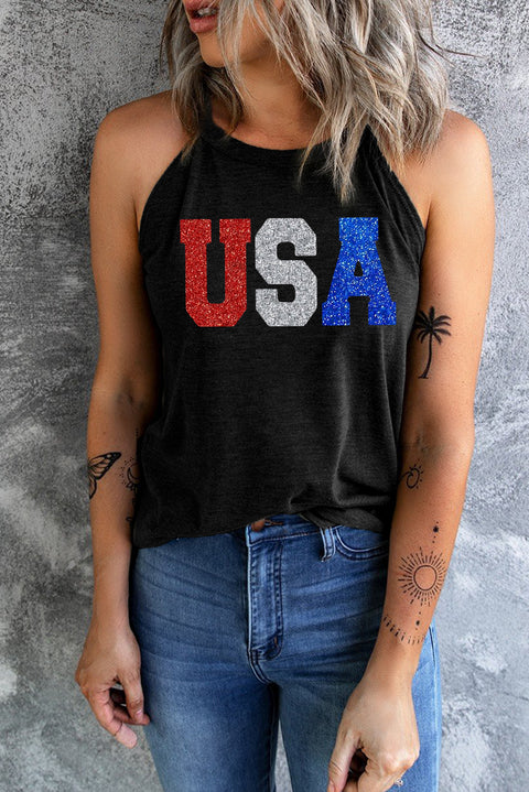 Black Glitter USA Letters Graphic Tank Top