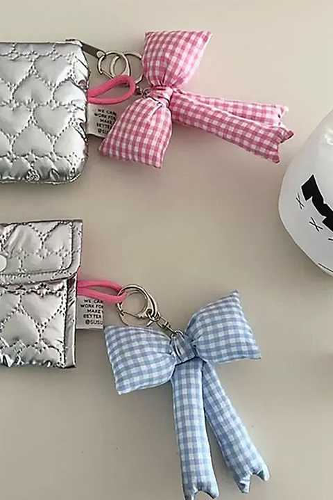 Pink Gingham Puffer Bow Knot Bag Pendant Keychain