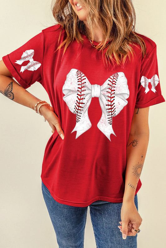 Red Baseball Bowknot Graphic Relaxed T Shirt