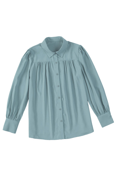 Solid Color Button Up Puff Sleeve Blouse