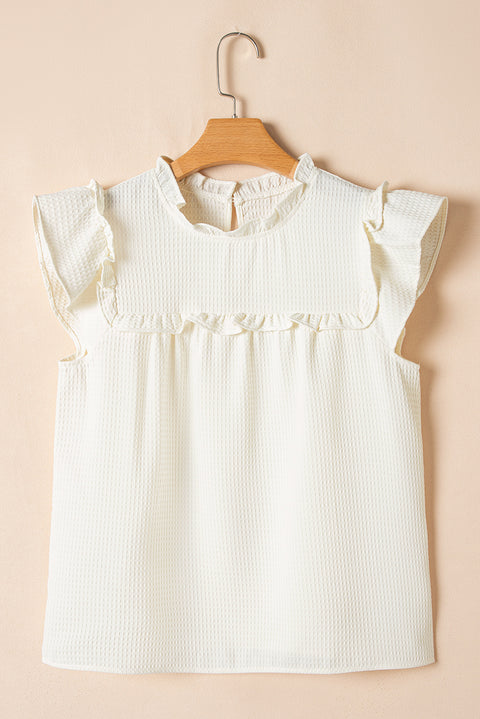 White Solid Color Ruffle Trim Waffle Knit Blouse