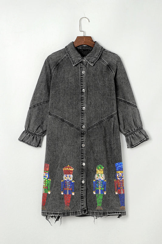 Gray Sequin Nutcracker Graphic Long Sleeve Shirt Denim Dress