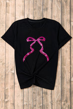 Black Sequin Bow Ribbon Graphic T Shirt