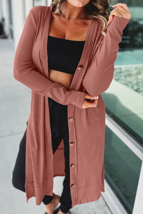 Pink Ribbed Button-Up Split Duster Cardigan