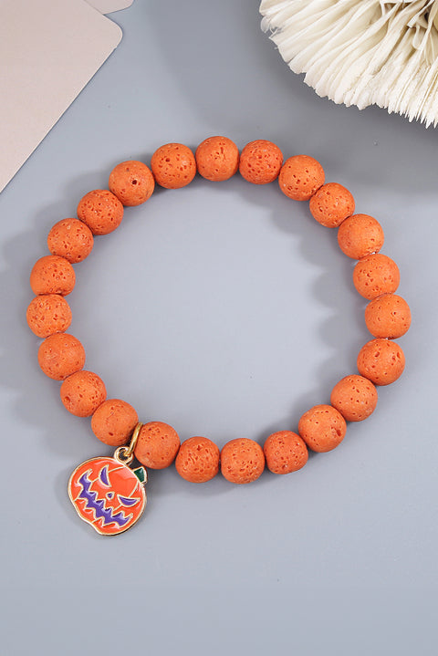 Orange Halloween Pumpkin Face Pendant Beaded Elastic Bracelet