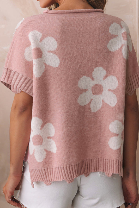 Light Pink Pearled Flower Distressed Edge Sweater T Shirt