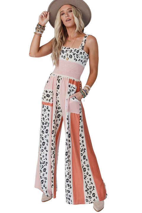 Leopard Color Block Mix Print Pocketed Jumpsuit