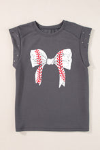 Dark Grey Baseball Bowknot Graphic Studded Cap Sleeve T Shirt